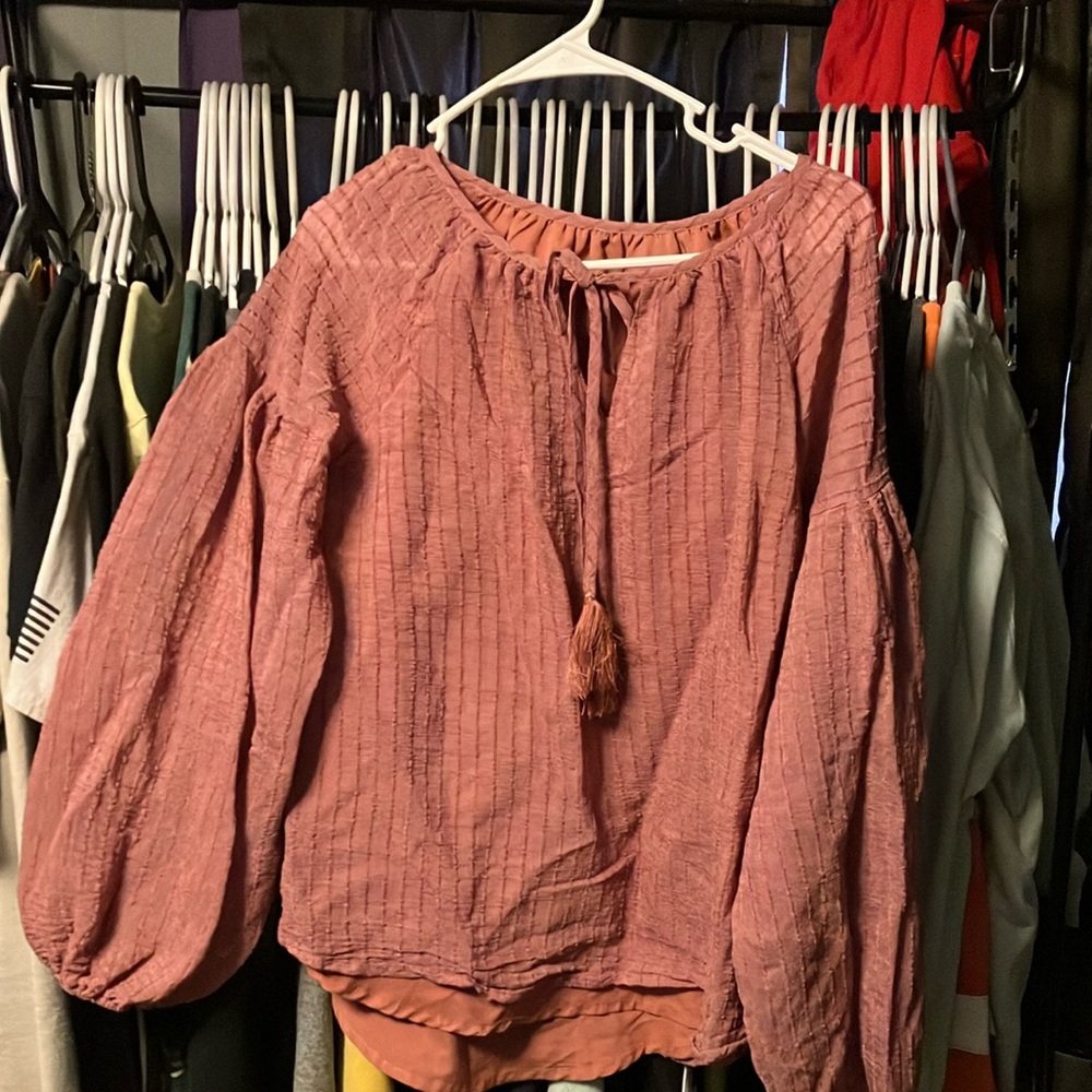 Pink Balloon Sleeve Blouse with Tie Front